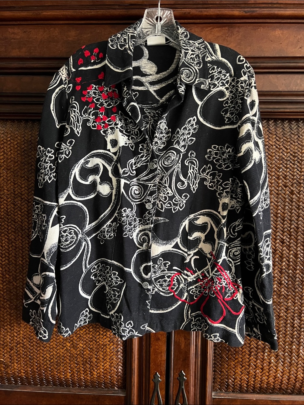Chico's Black & White Patterned Blazer with Red Hearts